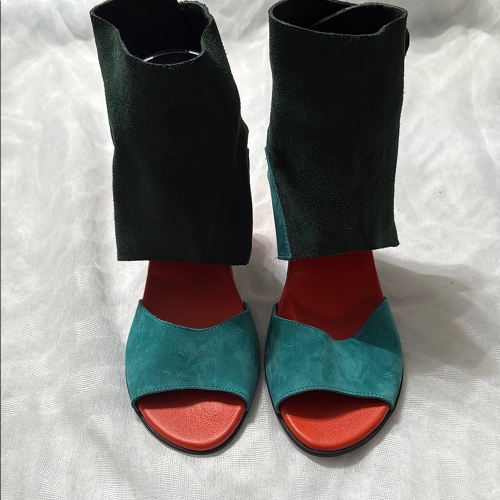 Arche Green and Red Heeled Boots with Unique Design